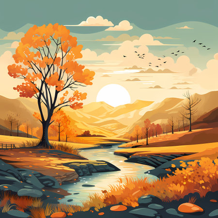Autumn landscape with river, trees and mountains. Vector illustration.の素材