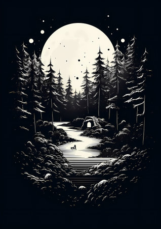 Night landscape with moon in the forest. Black and white illustration.の素材