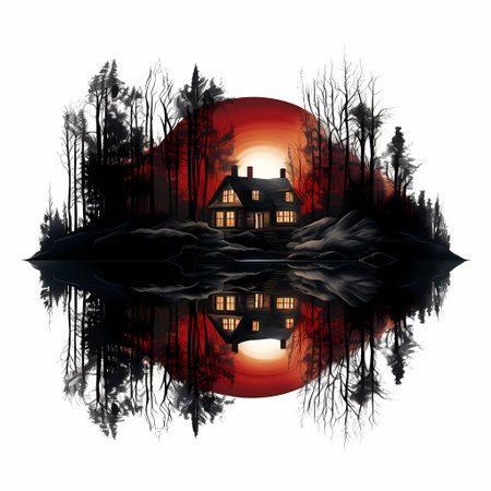 Winter landscape with a house in the forest at sunset. Vector illustration.の素材