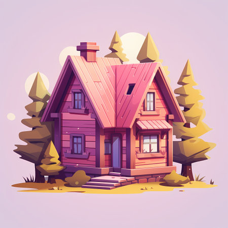 Wooden house in the forest. Cartoon style. Vector illustration.の素材