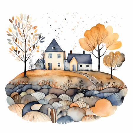 Autumn rural landscape. Watercolor hand drawn illustration on white backgroundの素材