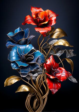 3d illustration, red and blue flowers in vase on black backgroundの素材