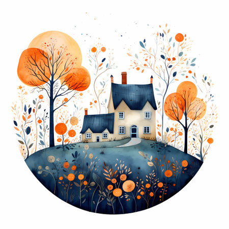 Autumn landscape with house and trees. Hand drawn vector illustration.の素材