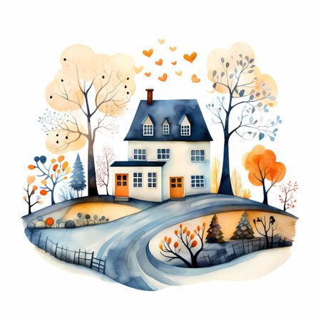Autumn landscape with house. Watercolor hand drawn vector illustration.の素材