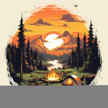 Camping near the lake at sunset. Hand drawn vector illustration.の素材