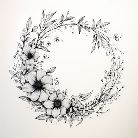 Hand drawn floral wreath with black and white flowers. Vector illustrationの素材