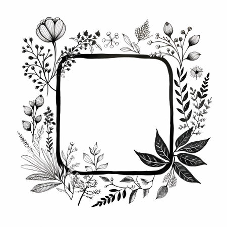 Hand drawn floral frame with flowers, leaves and branches. Black and white vector illustration.の素材