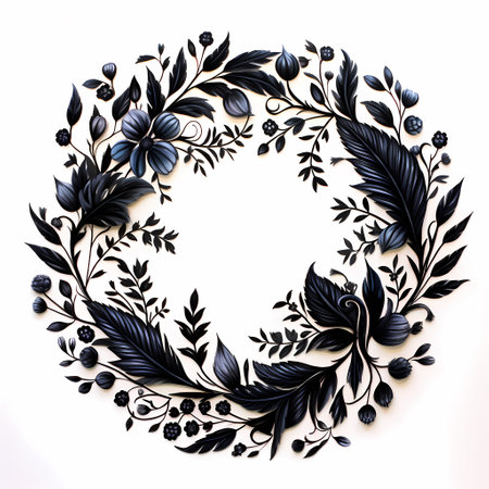 Round frame made of black leaves and berries on a white background.の素材