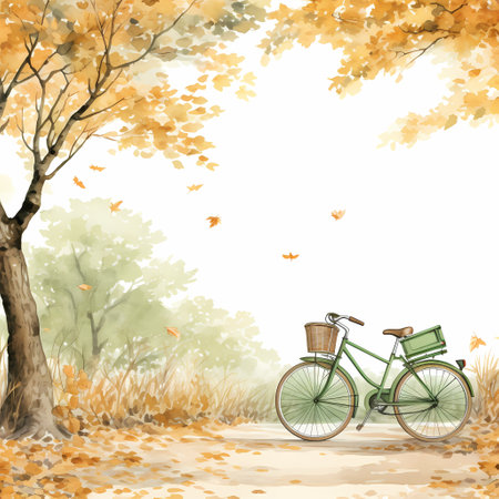 Autumn landscape with bicycle and maple leaves. Watercolor illustration.の素材