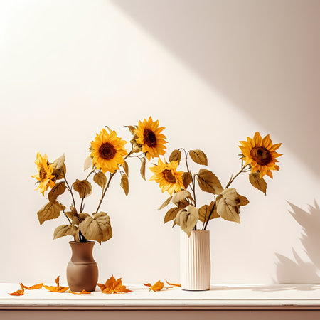 Sunflowers in vase on white shelf. 3d renderの素材