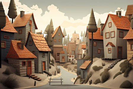 cartoon scene with village in the middle of the forest - illustration for childrenの素材