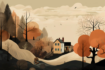 Autumn landscape with trees, houses and birds. illustration.の素材