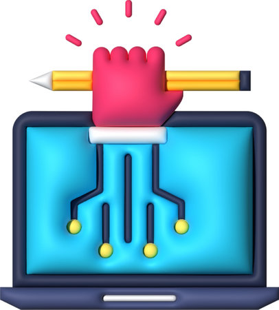 Computer hand with a pencil on the laptop screen. Vector illustration.の写真素材