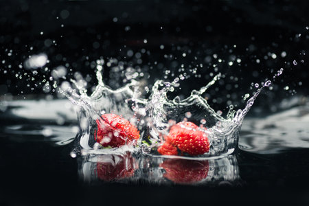 ripe strawberries falling in waterの写真素材