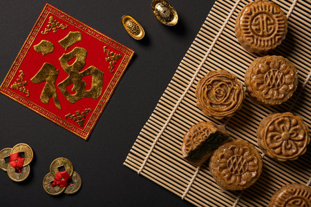 top view traditional mooncakes chineseの写真素材