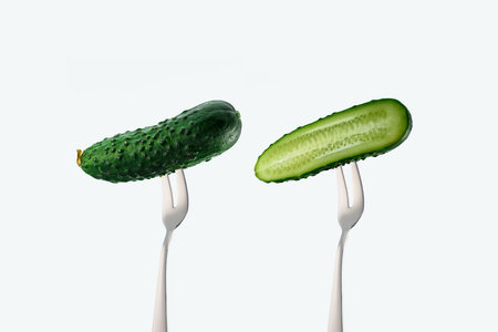 cut whole cucumbers forks isolatedの写真素材