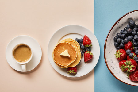 top view pancakes berries plate