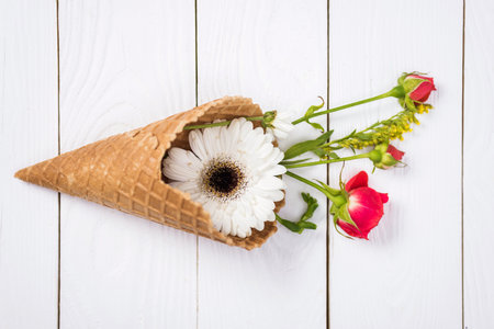 flowers in waffle coneの写真素材