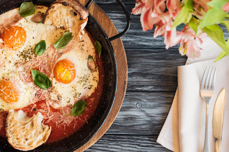 top view tasty roasted eggsの写真素材