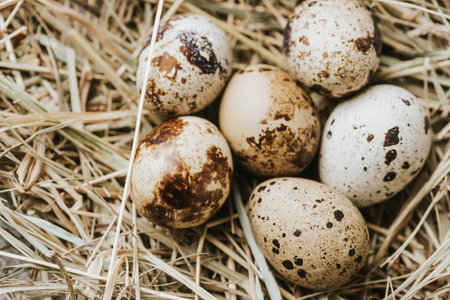 quail eggs laying straw close