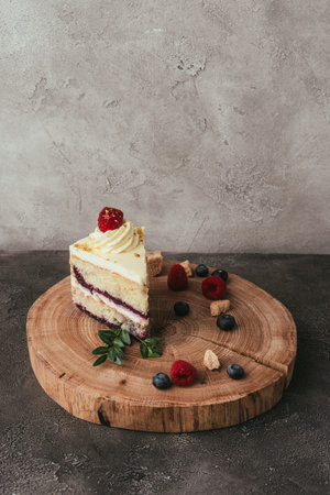 piece delicious fruity cake whipped