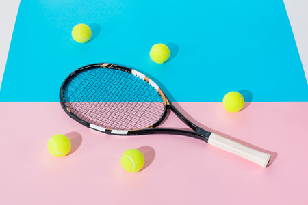 tennis racket yellow balls blueの写真素材