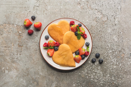 top view heart shaped pancakesの写真素材