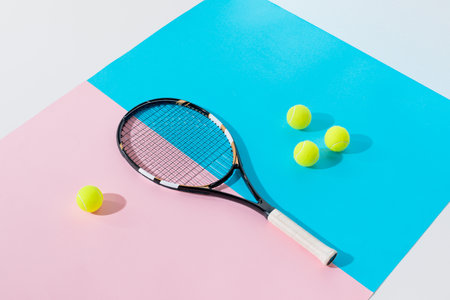 tennis racket yellow balls blueの写真素材
