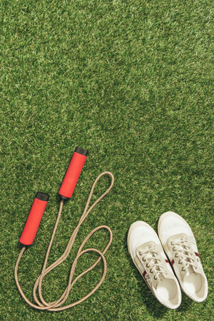 top view arranged sneakers skippingの写真素材