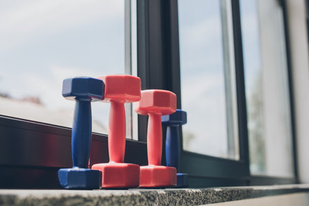 close view red blue dumbbellsの写真素材
