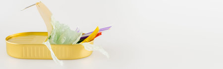 tin plastic rubbish white backgroundの写真素材