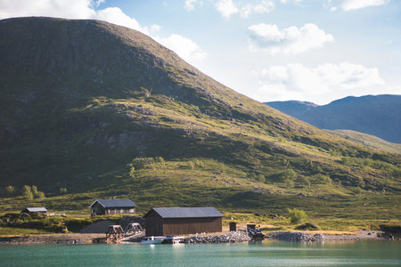 houses moored boat gjende lakeの写真素材