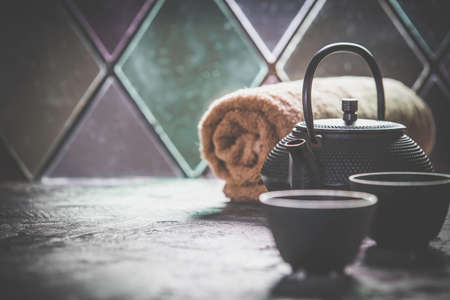 Tea and SPA composition. Natural cosmetics and wellness concept.の写真素材