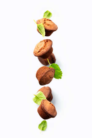 Chocolate muffins with mint leaves levitation, light gray backgroundの写真素材
