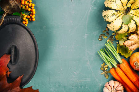 Healthy food cooking background with copy space, flat layの写真素材