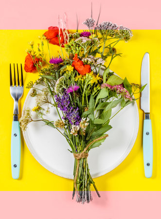 Healthy eating and herbal medicine concept, flat lay, top viewの写真素材