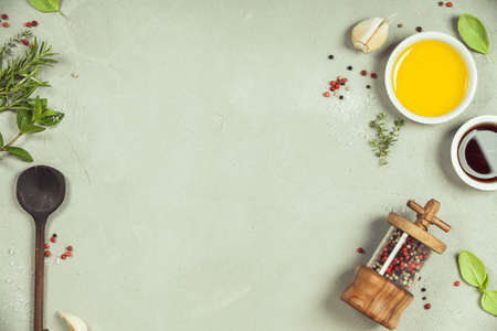 Olive oil, balsamic vinegar, pepper and herbsの写真素材