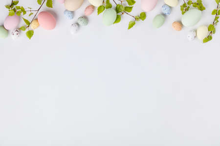 Easter composition on white backgrount, top viewの写真素材
