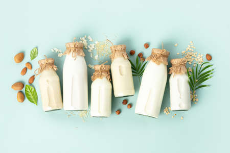 Non dairy plant based milk in bottles and ingredients on turquoise background. Alternative lactose free milk substitute, flat layの写真素材