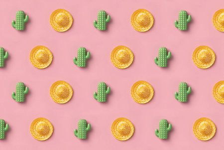 Sombrero and cactus pattern on pink background. Creative mexican