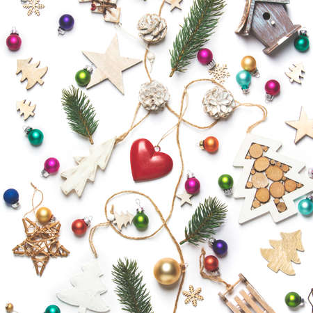 Christmas toys and decoration on white backgroundの写真素材