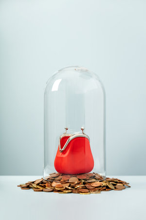 Open Red Coin Purse in glass dome on a pile of Euro coins on blue backgroundの写真素材