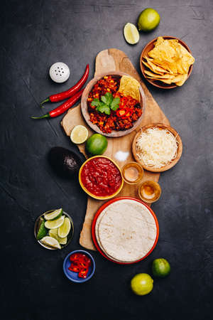 Concept of Mexican food, flat lay, dark backgroundの写真素材