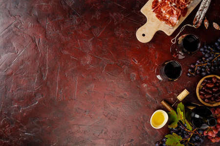 Wine and tapas, top view, flat layの写真素材