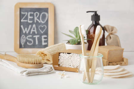 Zero waste concept. Eco-friendly bathroom accessories, copyspaceの写真素材
