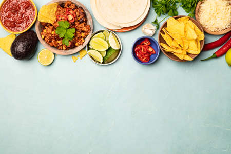 Concept of Mexican food, blue background, flat layの写真素材