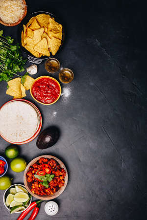 Concept of Mexican food, flat lay, dark backgroundの写真素材