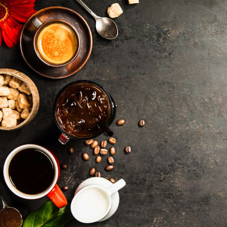 Border of various coffee, flat lay, top viewの写真素材