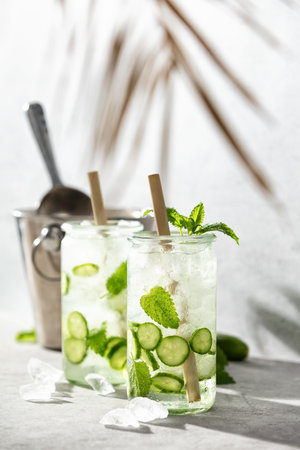 Summer sparklers, cucumber iced cocktail, hard light and shadows and tropical palm leafの写真素材