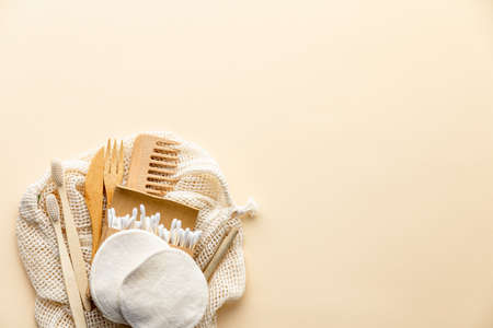 Set of eco friendly toiletries and bathroom products on color background, flat layの写真素材